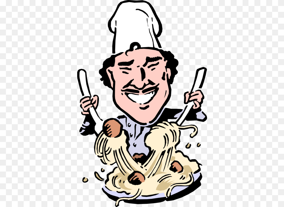 Vector Illustration Of Italian Chef Tosses Pasta Spaghetti Spaghetti Cartoon, Cutlery, Baby, Person, Fork Free Png