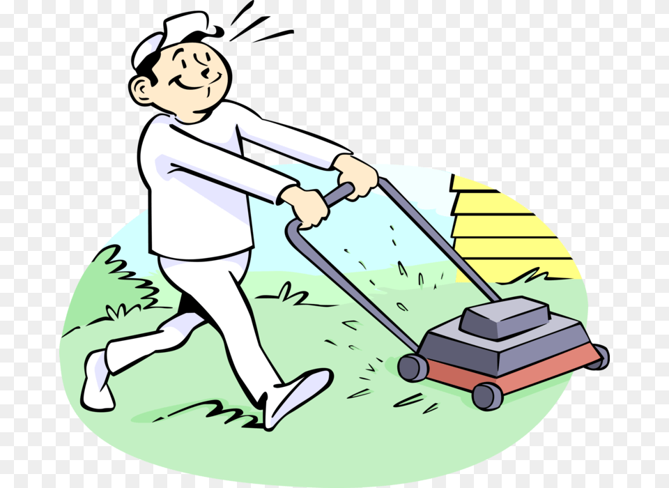 Vector Illustration Of Lawn Care Specialist Cuts The Mowing Lawn Clip Art, Plant, Grass, Person, Baby Png Image