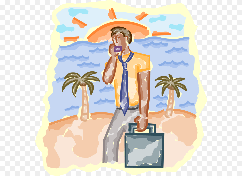 Vector Illustration Of Man With Cellular Phone And Illustration, Photography, Person, Bag, Palm Tree Png