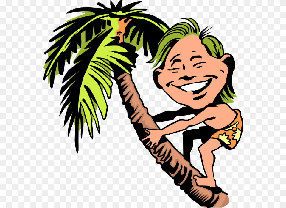 Vector Illustration Of Native Hawaiian Boy Climbs Palm Man Climbing Tree Cartoon, Palm Tree, Plant, Person, Baby Png Image