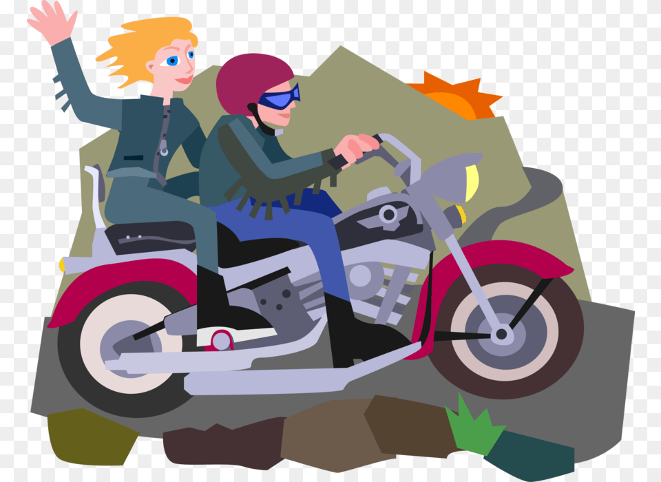Vector Illustration Of Riders Ride Motorcycle Or Motorbike Motorcycle, Vehicle, Transportation, Tool, Plant Free Png Download