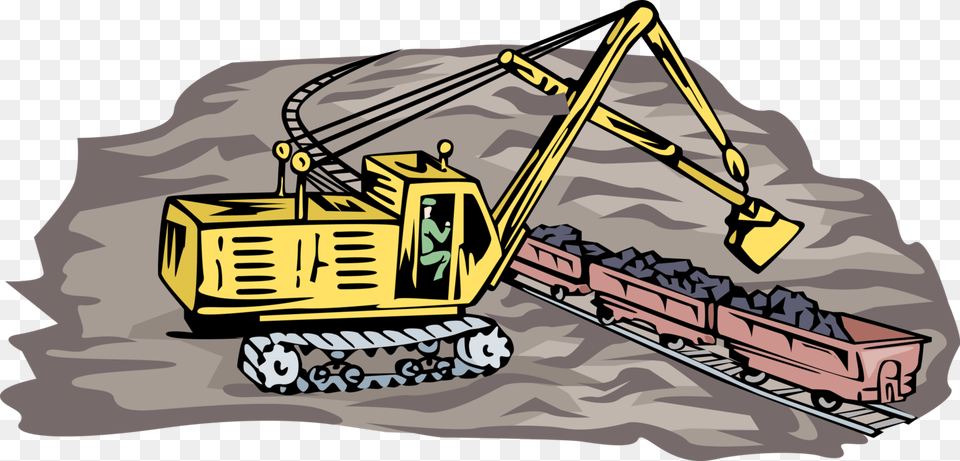 Vector Illustration Of Steam Shovel Loading Rail Cars Illustration, Bulldozer, Machine, Wheel Png Image