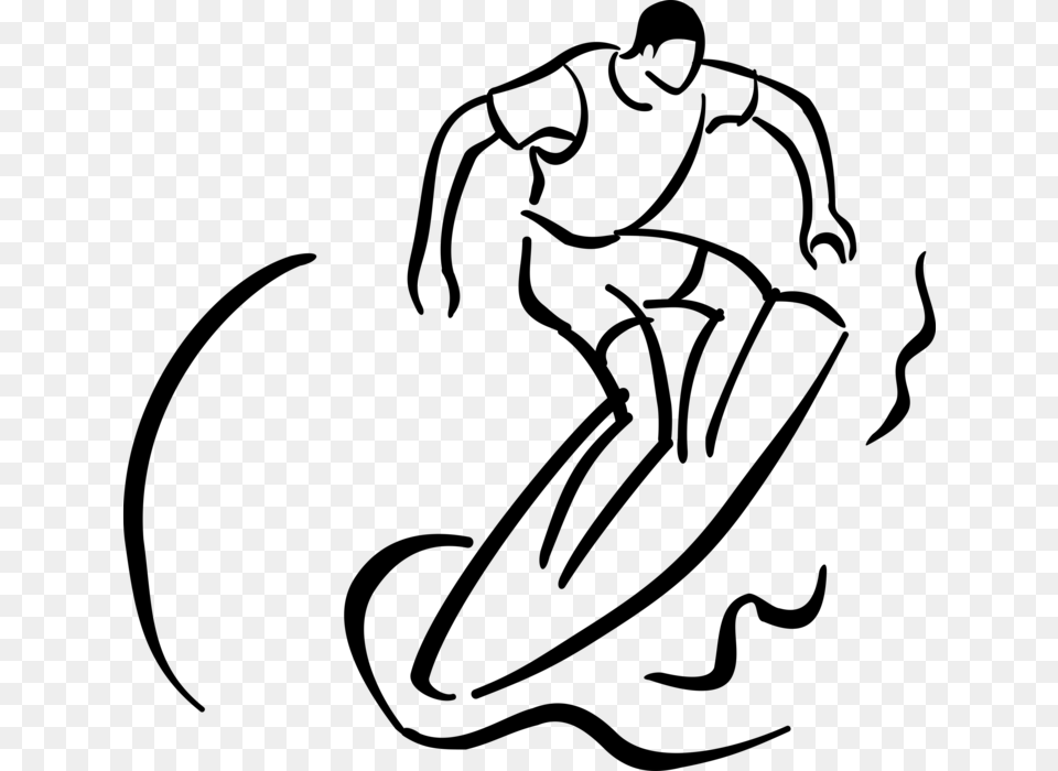 Vector Illustration Of Surfer Rides Surfboard While Black White Line Art Surfing, Gray Free Png Download