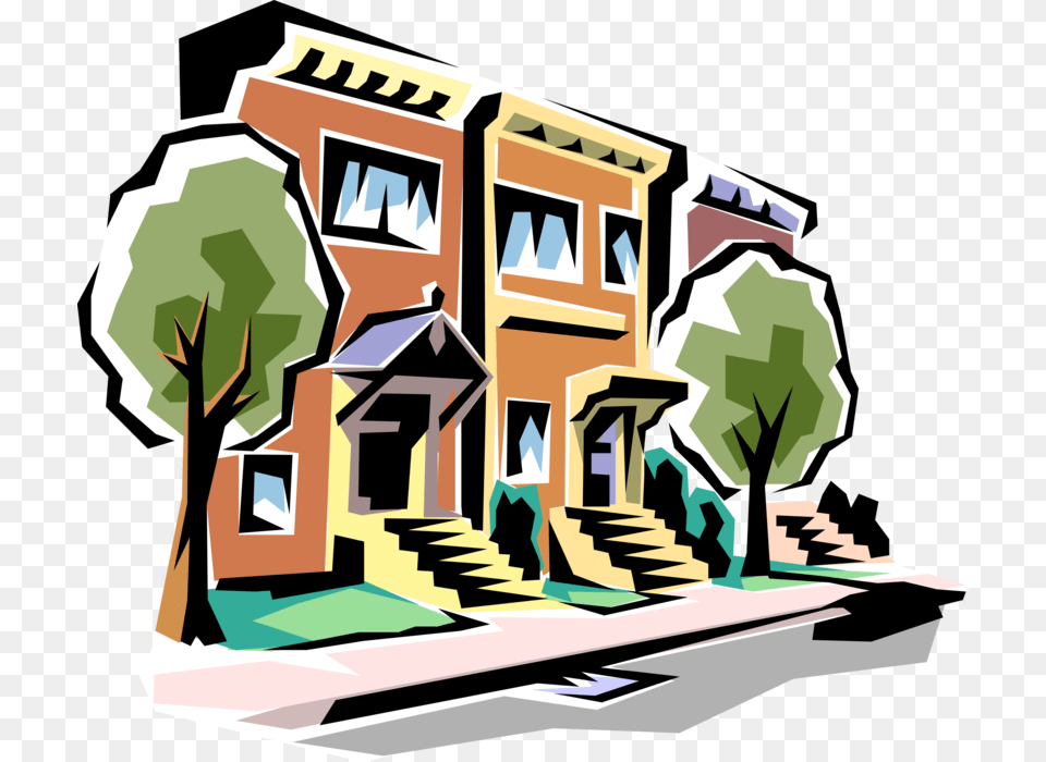 Vector Illustration Of Urban City Street With Townhouses Ring Toss Clip Art, Road, Neighborhood, Painting, Architecture Png Image