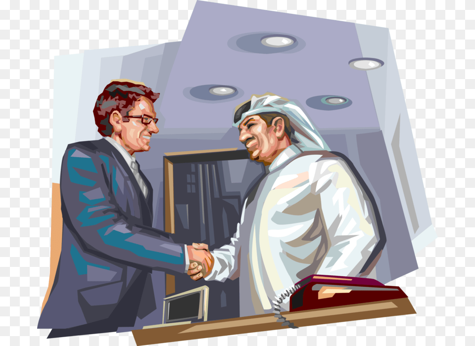 Vector Illustration Of Western Businessman Shaking Arab Man Shake Hand Illustrator, Adult, Person, People, Male Png Image