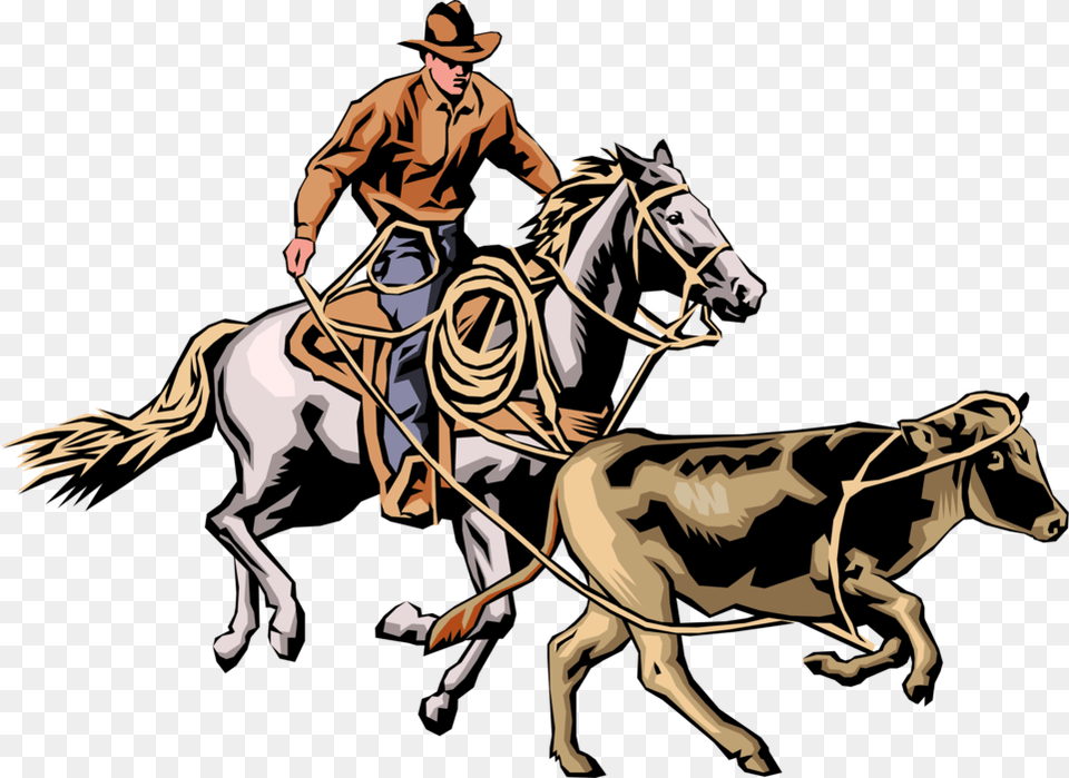 Vector Illustration Of Western Cowboy On Horse With Cattle Rancher Clipart, Adult, Person, Man, Male Png