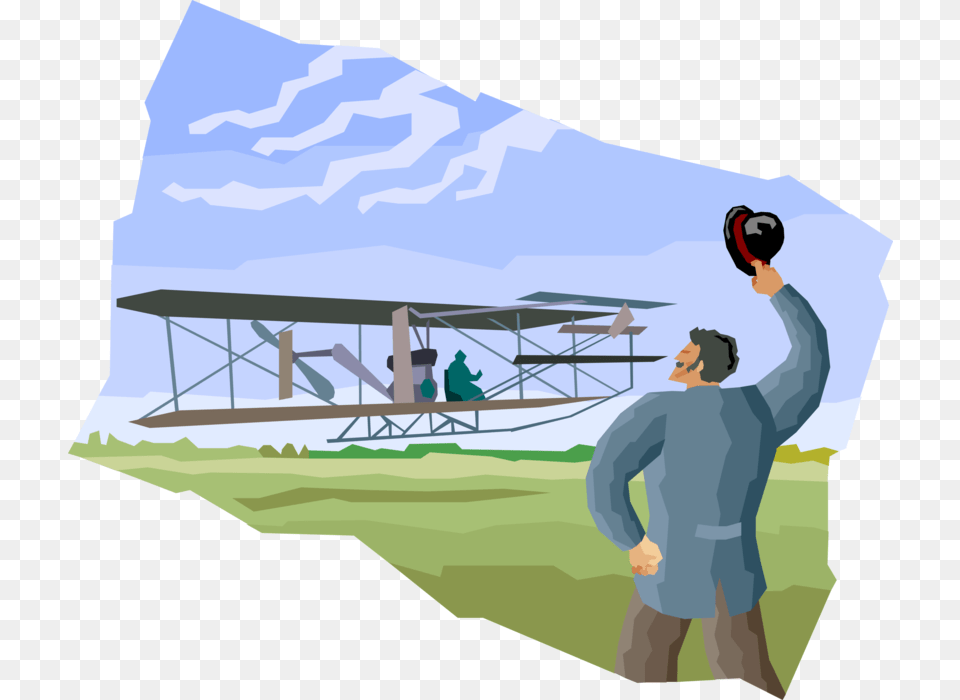 Vector Illustration Of Wright Brothers At Kitty Hawk Clipart Wright Brothers Airplane Flight, Adult, Transportation, Person, Man Free Png