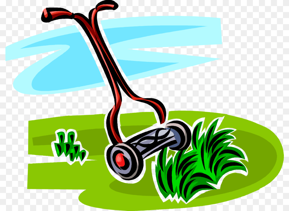 Vector Illustration Of Yard Work Push Lawn Mower Cuts Lawn Mower And Grass Clipart, Plant, Device, Machine, Wheel Free Png