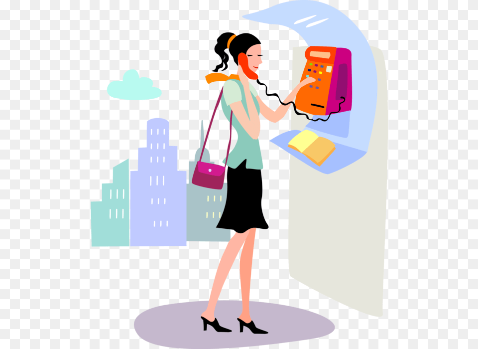 Vector Illustration Of Young Woman Makes Call From Young Woman Clip Art, Adult, Person, Female, Handbag Free Png Download