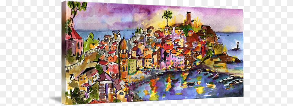 Vernazza At Night Watercolor Painting By Ginette C Gallery Wrapped Canvas Art Print 60 X 26 Entitled Vernazza, Modern Art, Baby, Person Png Image