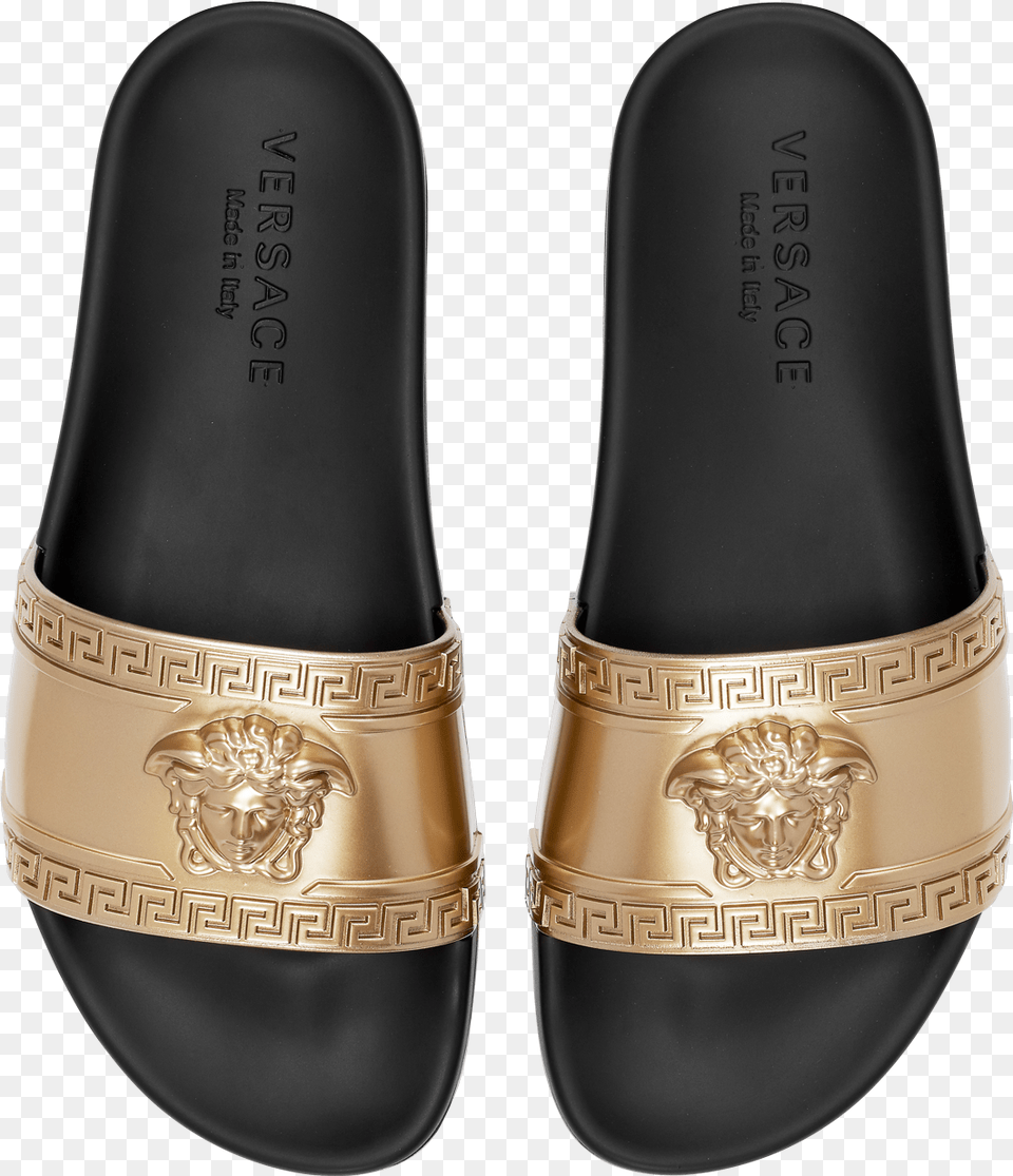 Versace Logo Slides P2wshlrpgd Versace Slides Gold Medusa, Clothing, Footwear, Shoe, Sandal Png