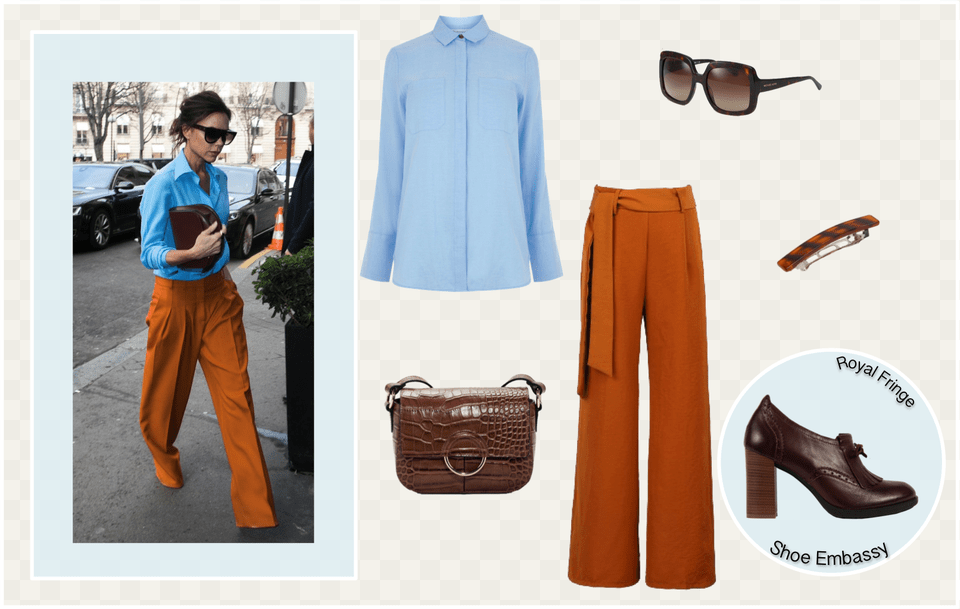 Victoria Beckham Style Outfit Orange Blue Blue, Accessories, Shoe, Pants, Handbag Free Transparent Png
