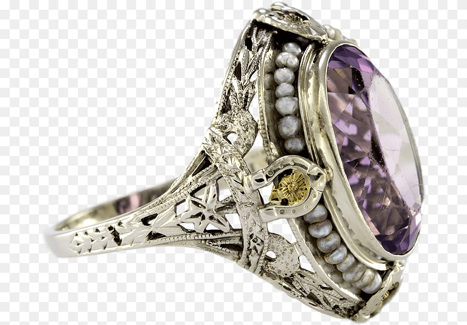 Victorian Inspired 14k White Gold Amethyst Filigree Pre Engagement Ring, Accessories, Jewelry, Gemstone, Diamond Free Png Download