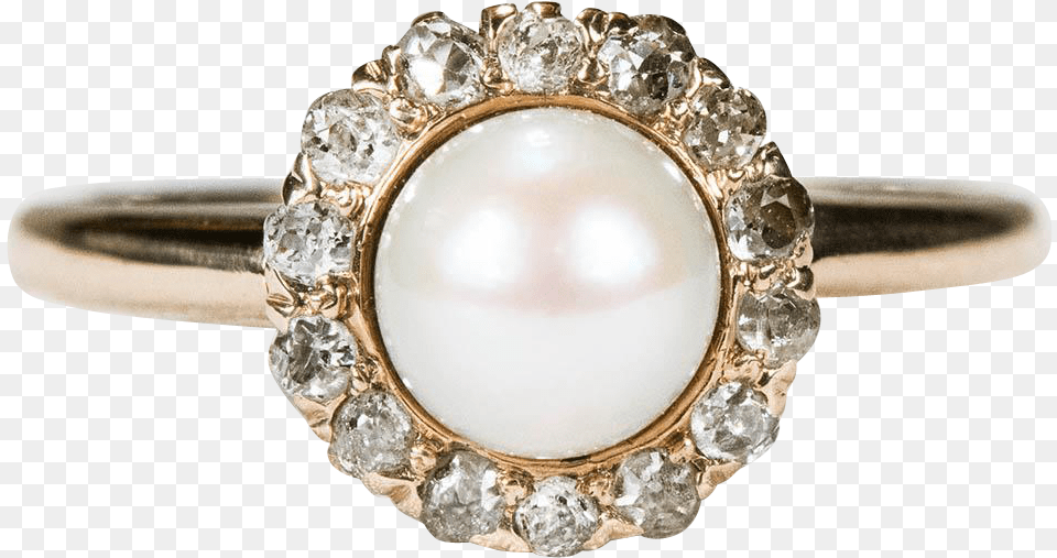 Victorian Old Mine Cut Diamond Halo Pearl Ring 14k Diamond, Accessories, Gemstone, Jewelry Free Png Download