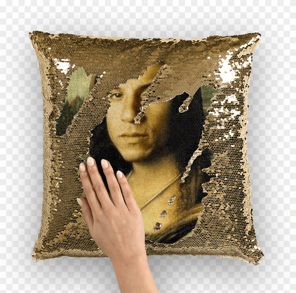 Vin Diesel As The Mona Lisa Sequin Cushion Cover Nicolas Cage Sparkle Pillow, Home Decor, Adult, Person, Head Free Png Download