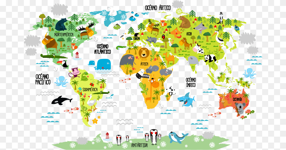 Vinilo Infantil Mapamundi Animal Whole Wide World Wall Mural, Plot, Chart, Map, Atlas Png
