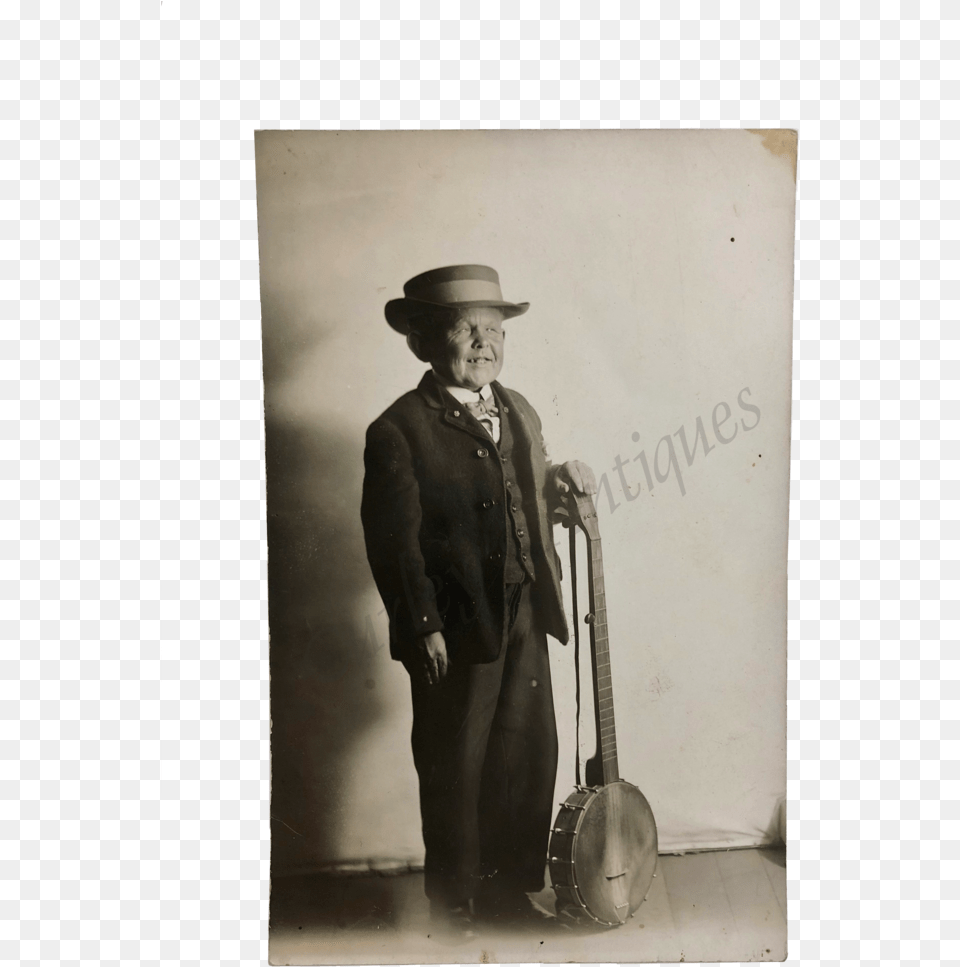 Vintage 1910s Dwarf Man Banjo Musician Performer Photo Standing, Adult, Male, Person, Coat Free Png
