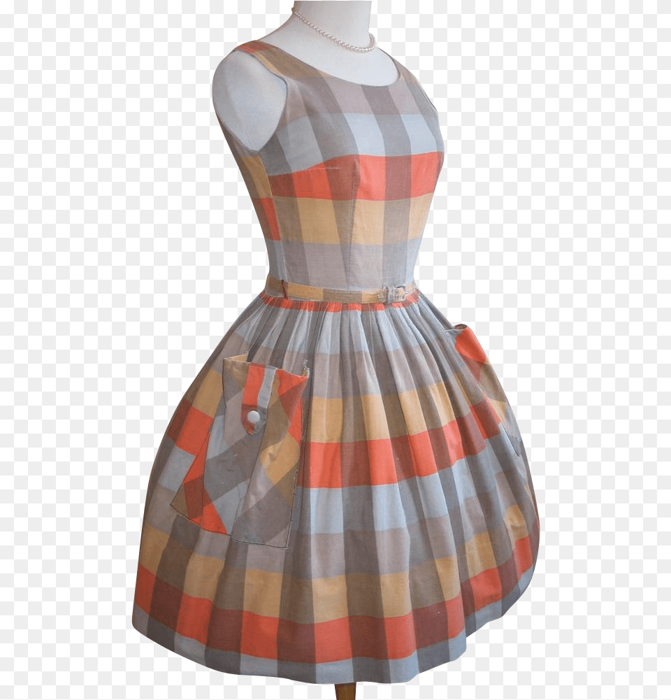 Vintage 1950s 1960s Orange Cocoa Gold Plaid Fit N Flare Cocktail Dress, Clothing, Person, Blouse Png