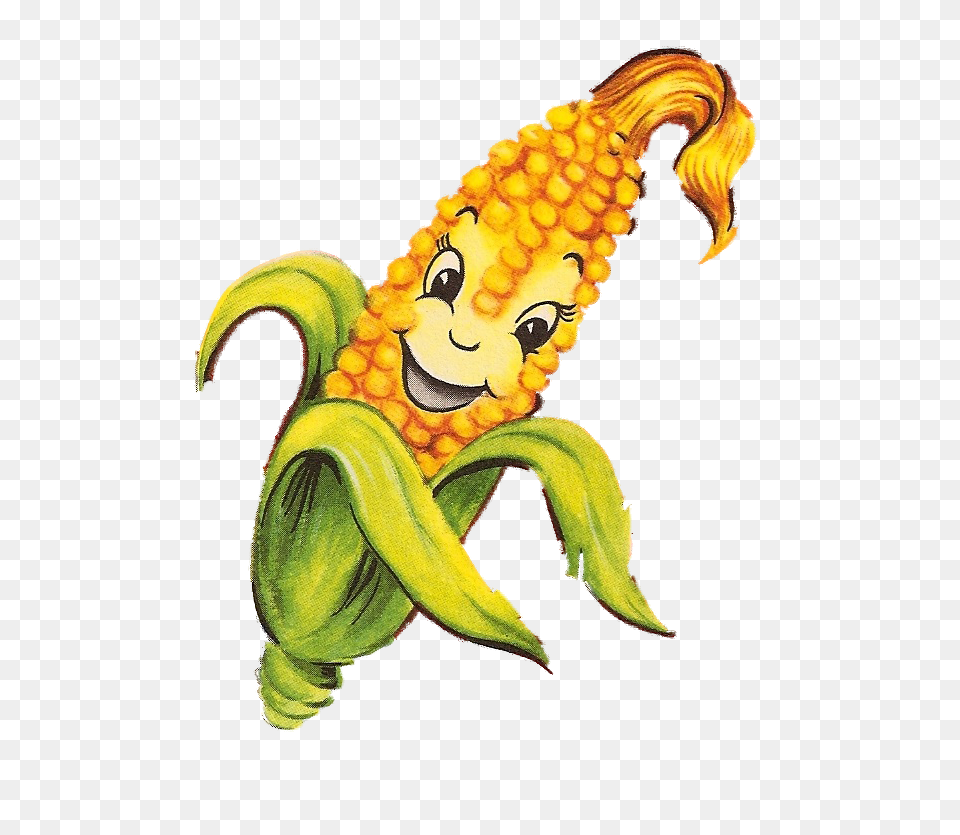 Vintage Anthropomorphic Corn Cob Anthropomorphic, Food, Grain, Plant, Produce Png Image