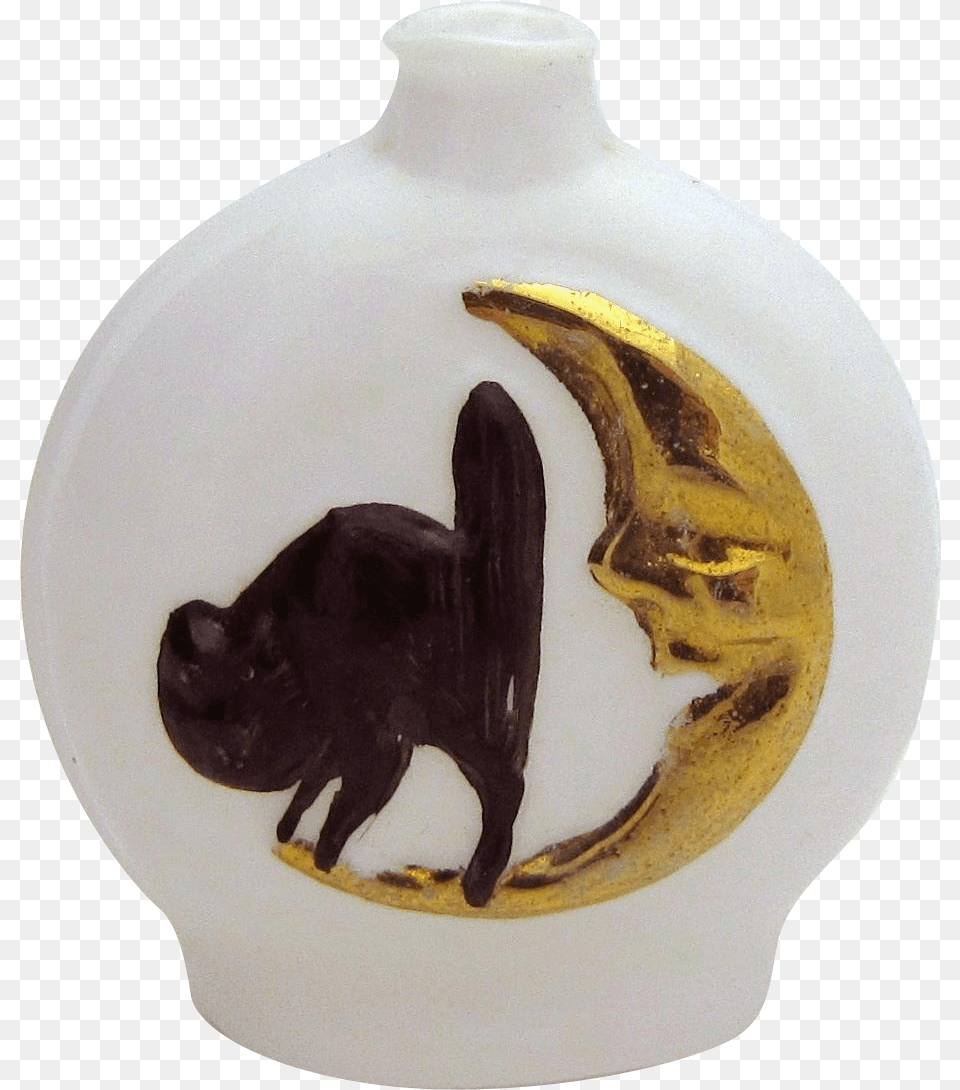Vintage Art Deco Halloween Black Cat On Moon Milk Glass Ceramic, Pottery, Plate, Porcelain, Animal Png Image