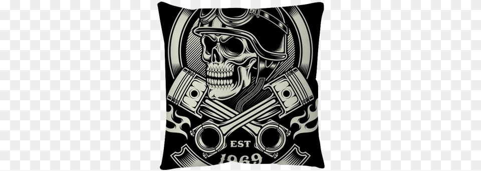 Vintage Biker Skull With Crossed Piston Emblem Throw Vintage Biker Skull With Crossed Piston, Spoke, Machine, Advertisement, Poster Free Png