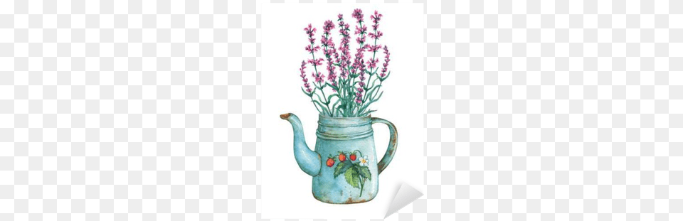 Vintage Blue Metal Teapot With Strawberries Pattern Vintage Lavender Flowers, Pottery, Flower, Flower Arrangement, Plant Png Image