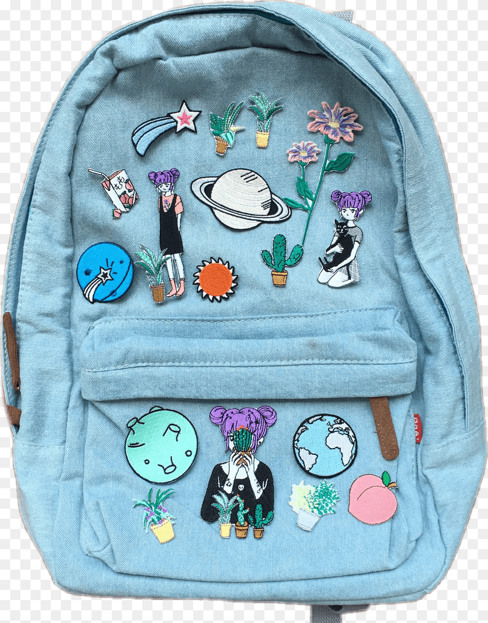 Vintage Blue Space Plants Aesthetic Moodboard Backpack Patches And Pins, Bag, Person, Baby, Face Free Transparent Png