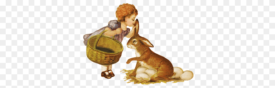 Vintage Bunny And Eggs Clipart, Basket, Person, Animal, Mammal Png