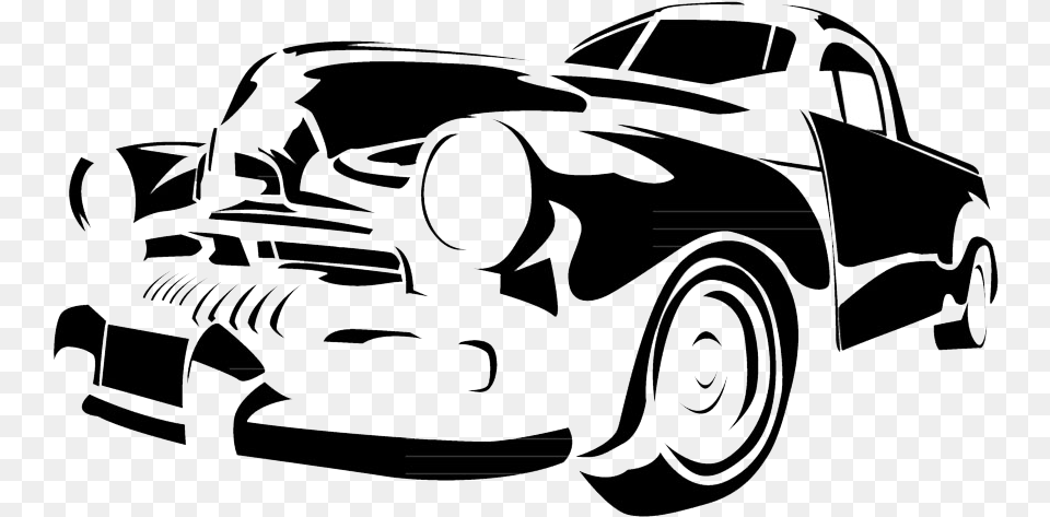 Vintage Car Stencil Illustration Classic Car Clipart Black And White, Wheel, Machine, Art, Drawing Png