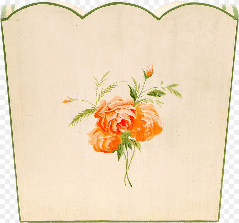 Vintage Country Style Wooden Basket With Handpainted Orange Flower And Green Borders Rose Png