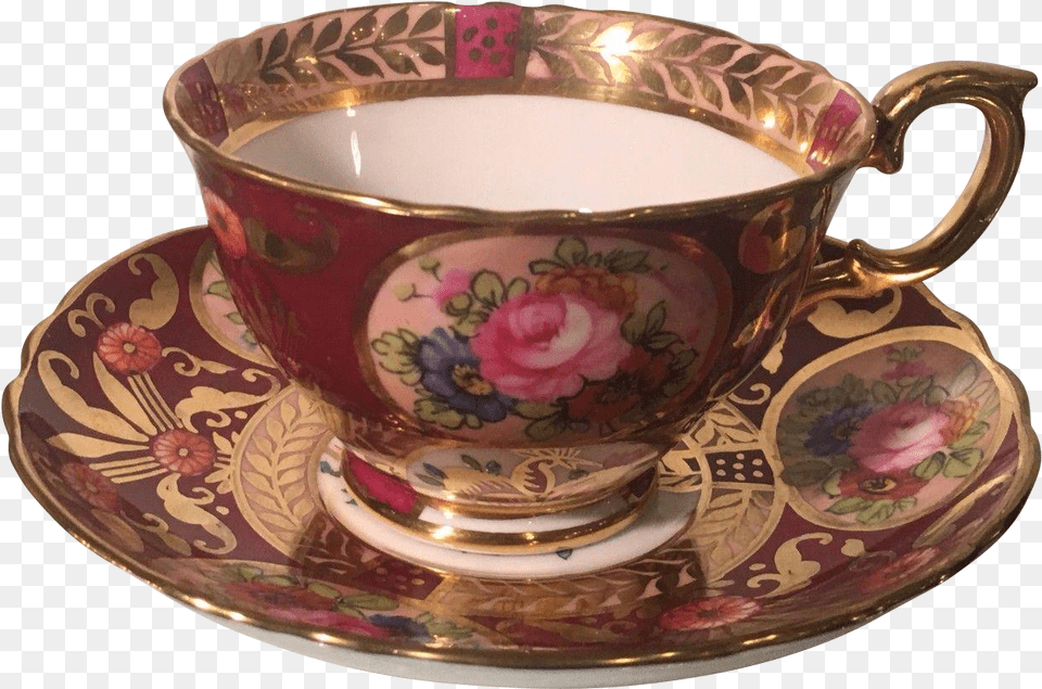 Vintage Crown Staffordshire Cobalt Red U0026 Gold Floral Tea Cup Teacup, Saucer, Flower, Plant, Rose Free Png