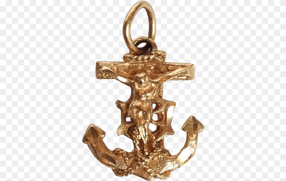 Vintage Crucifix And Anchor Charm Mad In 14 Karat Gold Charm Bracelet, Electronics, Hardware, Cross, Symbol Png