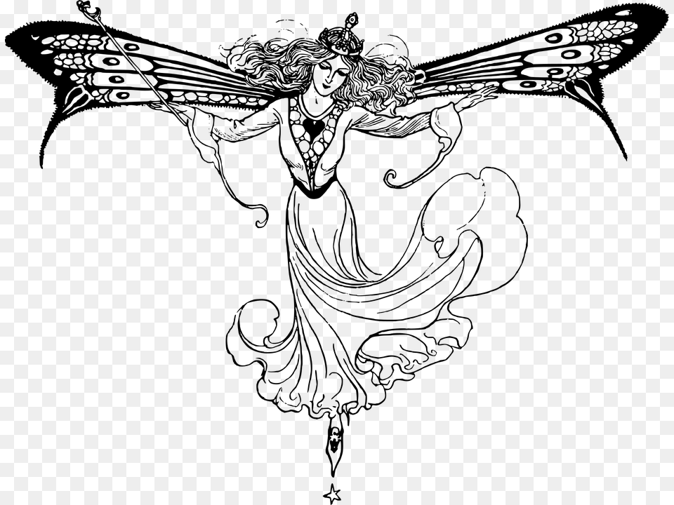 Vintage Fairy Line Art Queen Princess Royalty Mercutio Queen Mab Romeo And Juliet, Gray Png Image