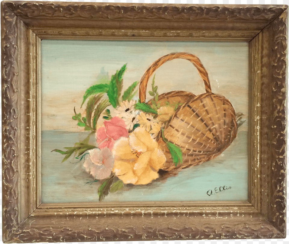 Vintage Framed Oil Still Life Flowers In Basket Signed Still Life Png