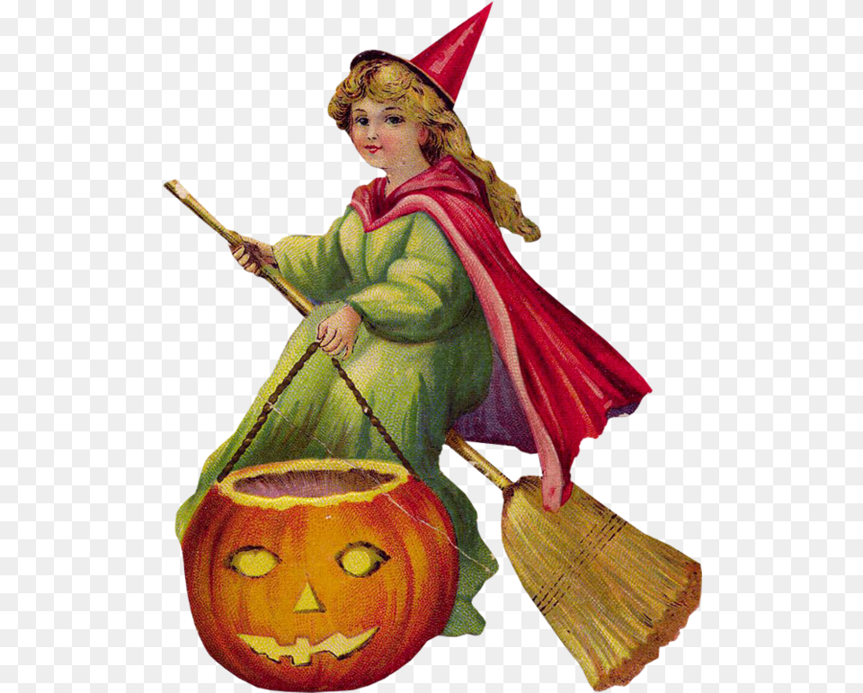 Vintage Girl Witch With Big Jack O Lantern For Halloween Illustration, Adult, Bride, Female, Person Free Png Download