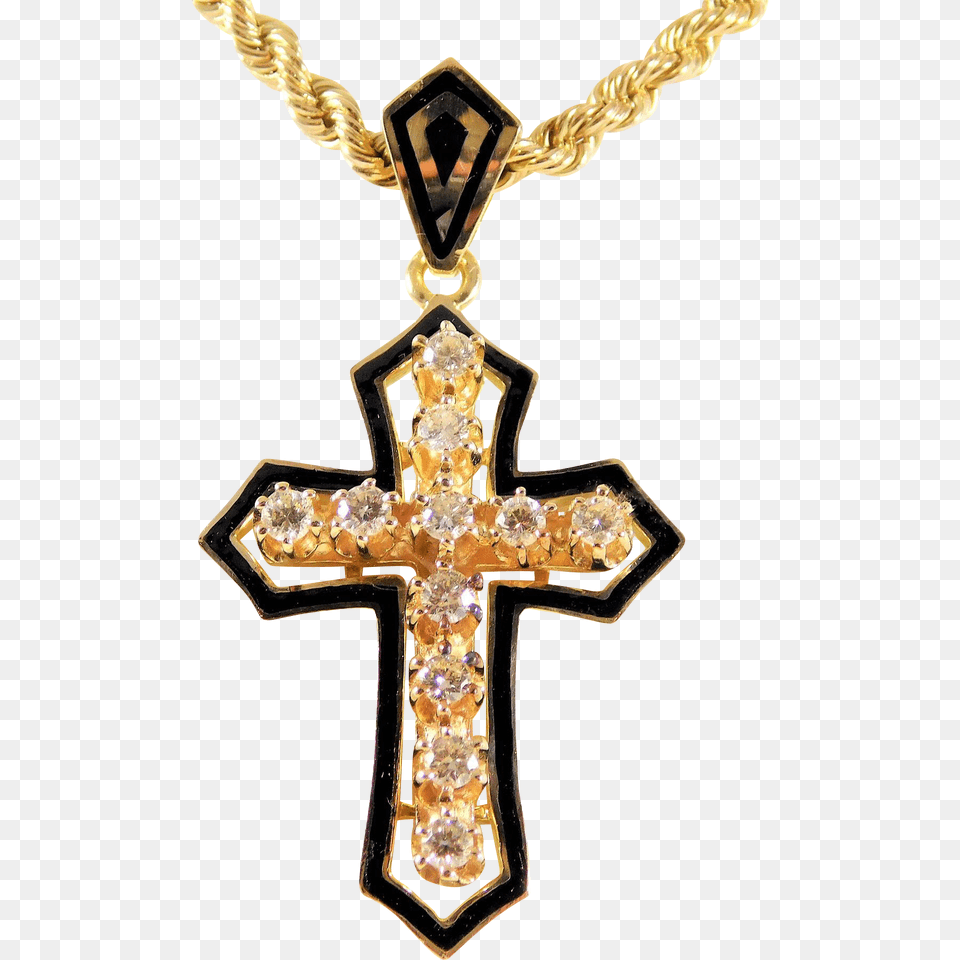 Vintage Gold Black Enamel And Diamond Gothic Cross Pendant, Accessories, Symbol, Jewelry, Necklace Png Image