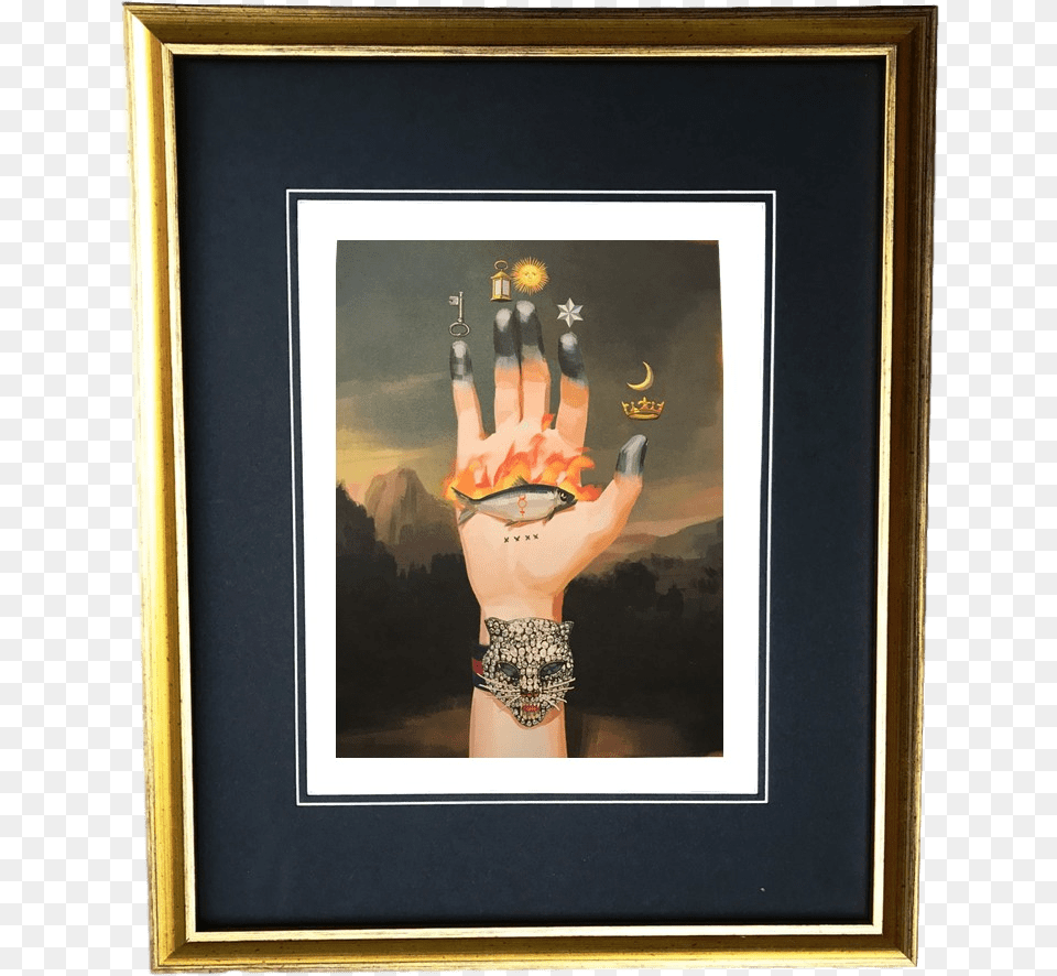 Vintage Gold Frame Gucci Celestial Hand Diamond Cat Gucci Painting In Frame, Body Part, Finger, Person, Adult Png