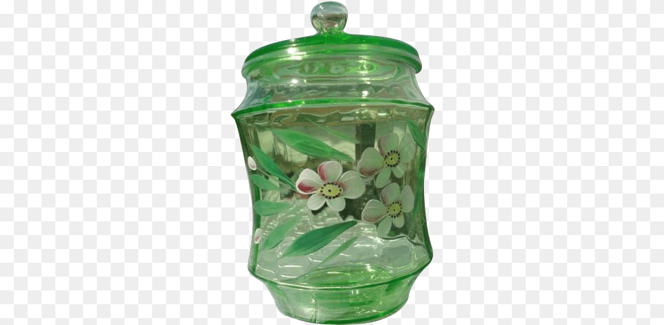 Vintage Green Depression Glass Cookie Jar Or Cracker Pansy, Pottery, Vase, Food, Ketchup Png