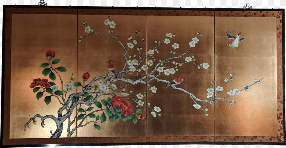 Vintage Hand Painted 4 Panel Framed Cherry Blossom Silk Screen Wall Free Png
