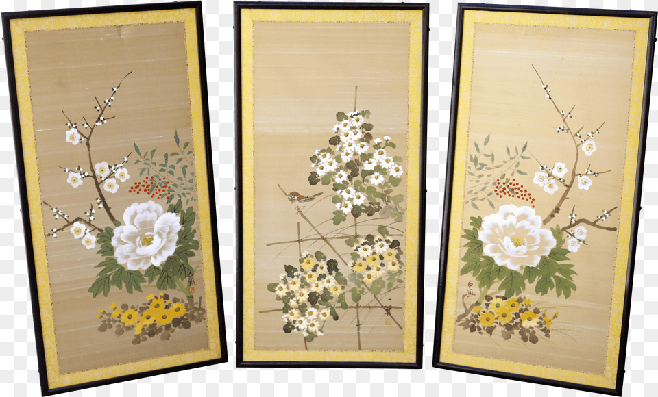 Vintage Hand Painted Japanese Floral Panels In Black Lacquer Picture Frame Free Png Download