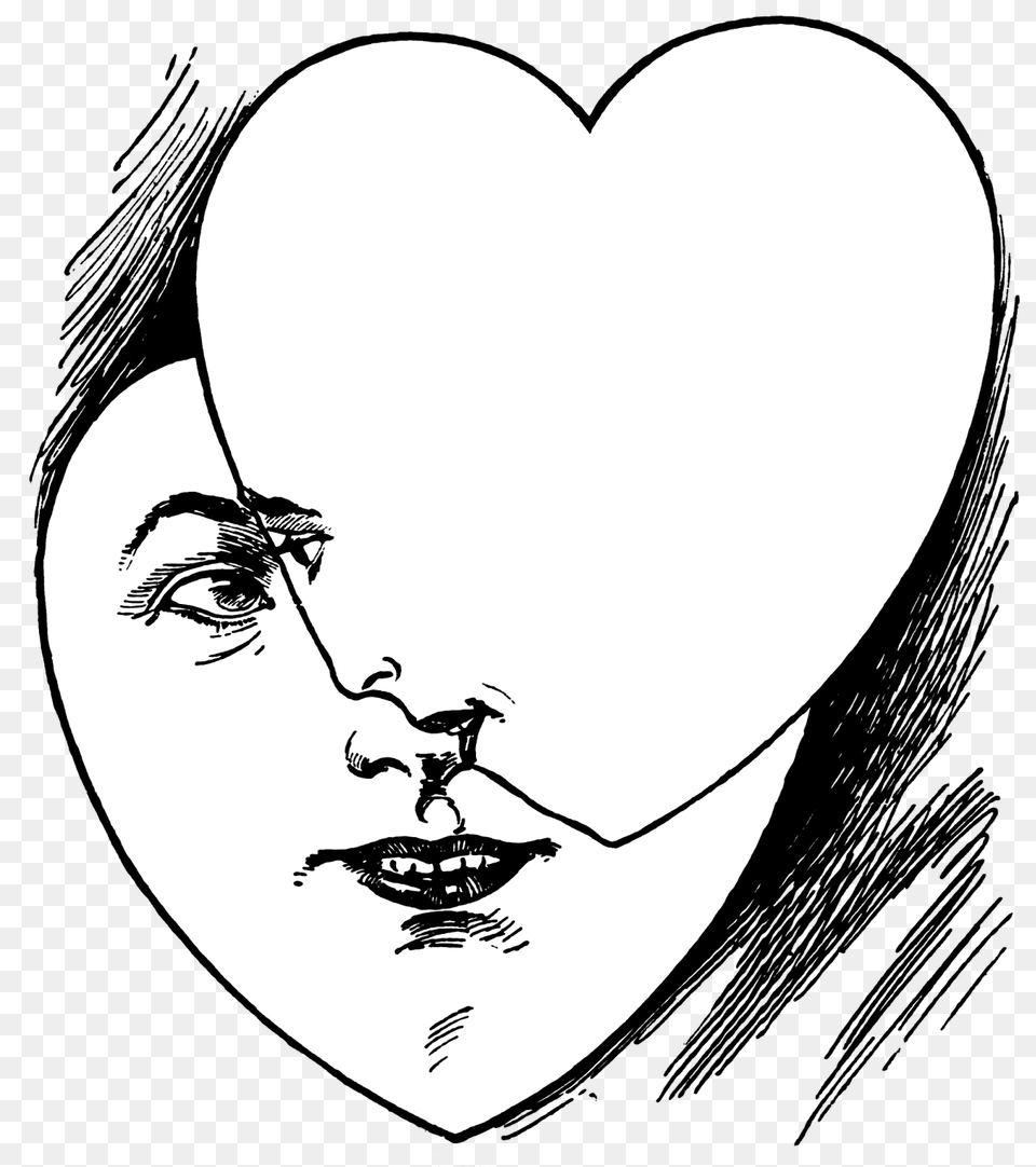Vintage Heart Faces Illustration Public Domain Weird Hearts, Stencil, Adult, Person, Woman Free Transparent Png