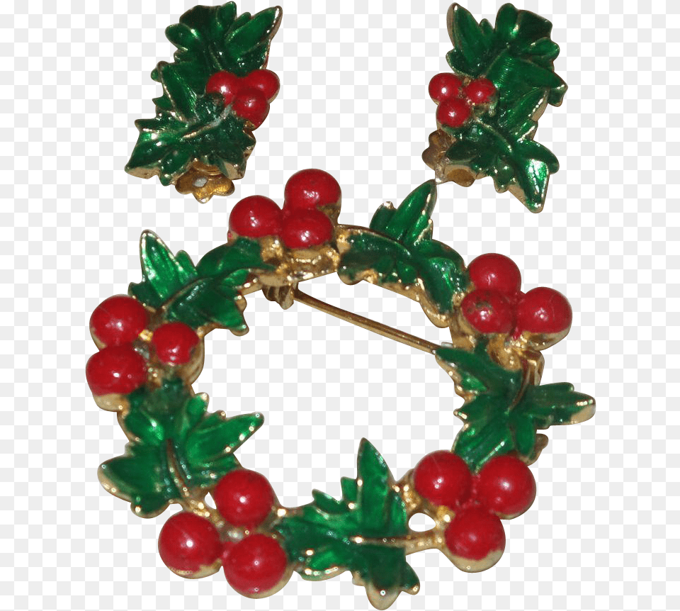 Vintage Holly Berry Wreath Brooch And Clip Earrings Brooch, Accessories, Jewelry, Plant, Gemstone Free Png