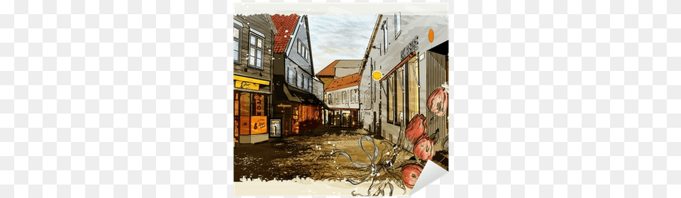 Vintage Illustration Of City Street Watercolor Painting, Alley, Art, Neighborhood, Road Png Image