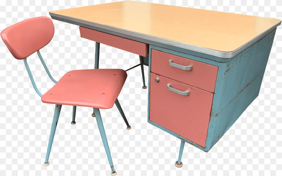 Vintage Industrial Pink Teachers Metal Tanker Desk Solid, Furniture, Table, Chair Free Png