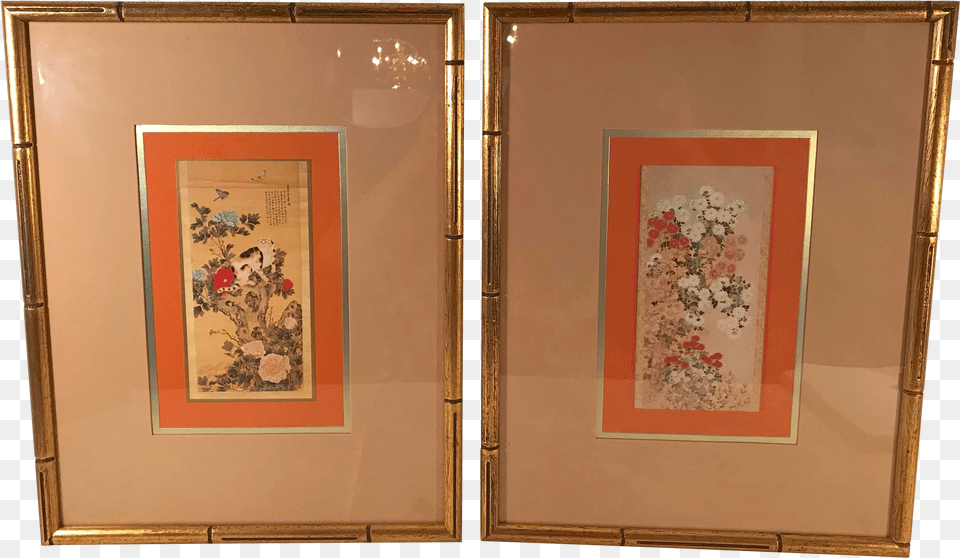 Vintage Japanese Wall Hangings In Gold Faux Bamboo Frames A Pair Chrysanthemums By Master Of Seal Free Png
