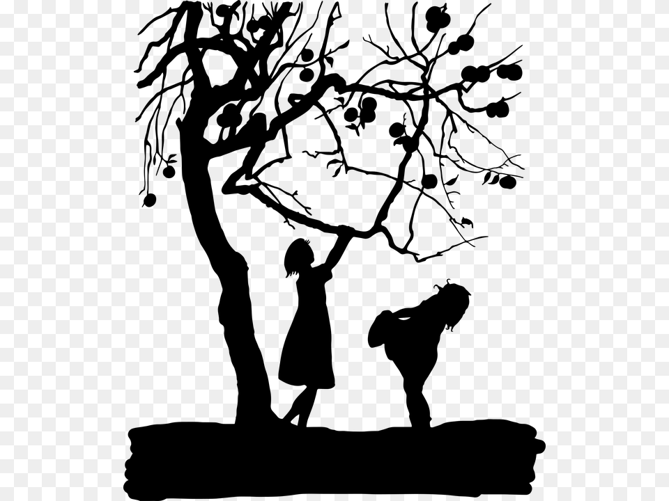 Vintage Kids Children Silhouette Victorian People Apple Tree Branch Silhouette, Gray Free Png