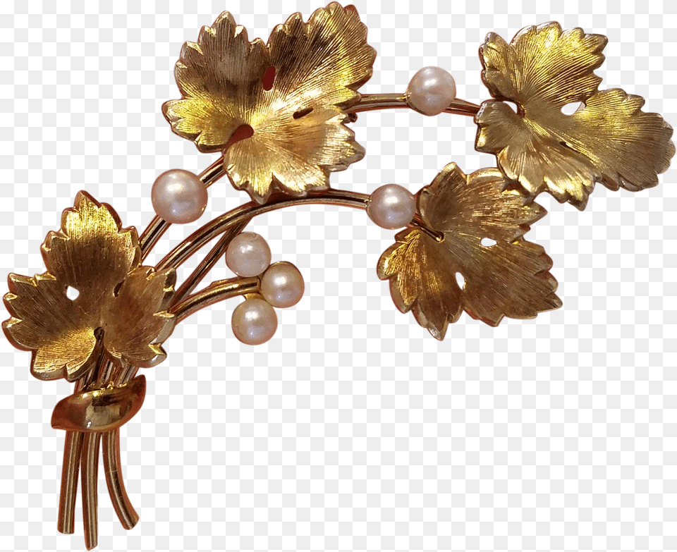 Vintage Krementz Grape Leaf And Cultured Pearl Pin Artificial Flower, Accessories, Jewelry, Bronze Png
