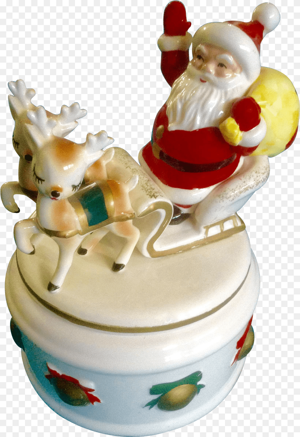 Vintage Lefton Christmas Santa Claus Sleigh Amp Reindeer Figurine, Porcelain, Art, Pottery, Cream Png