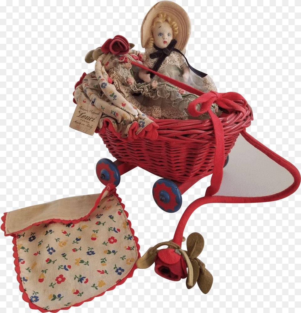 Vintage Lenci Miniature Felt Doll In Wicker Carriage The Doll, Furniture, Bed, Cradle, Baby Free Png