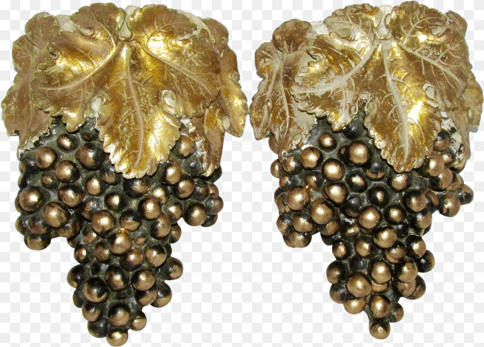 Vintage Mid Century Italian Gold Leaf Black Grape Cluster Earrings, Accessories, Food, Fruit, Grapes Png Image
